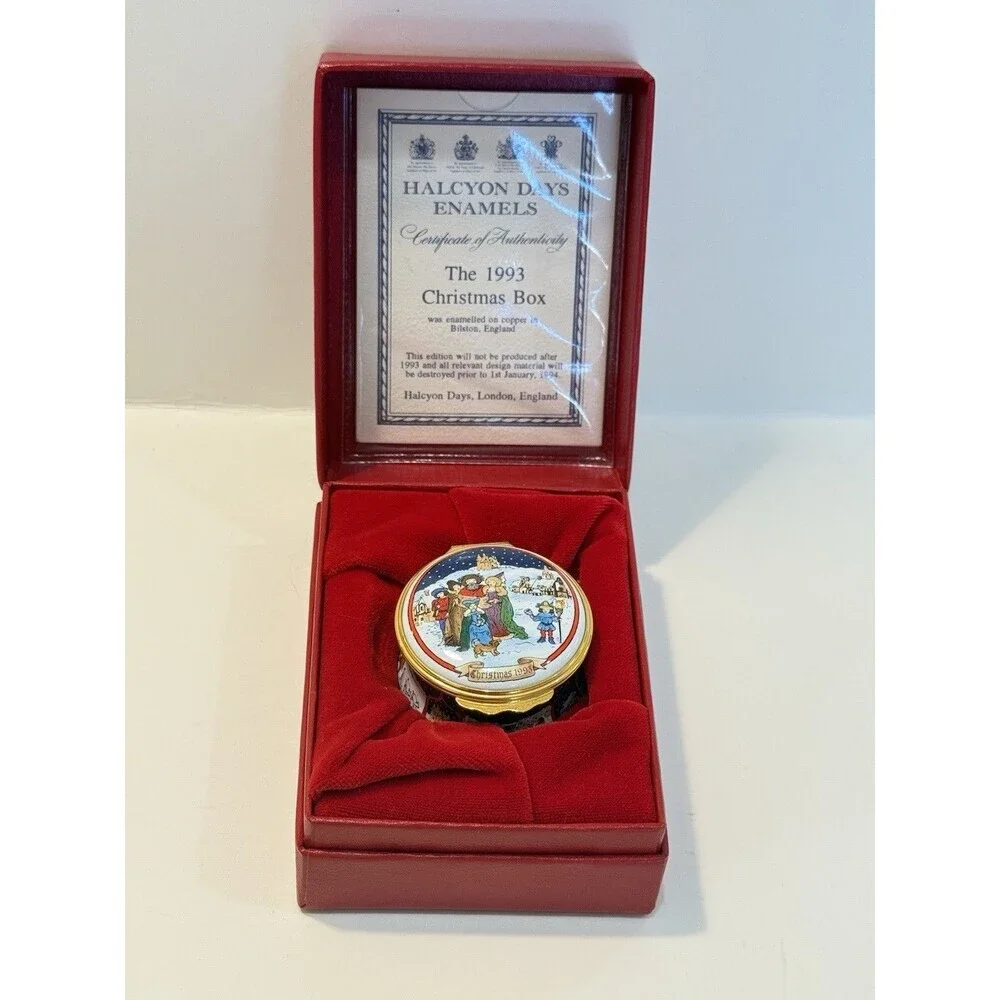Vtg Halcyon Days Enamel Box English Christmas Limited Edition 1993 Original Box
